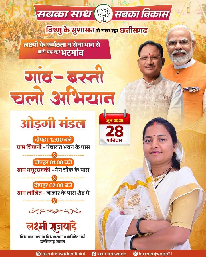 Alt Text (वैकल्पिक पाठ): "गांव-बरस्ती चलो अभियान" का प्रचार पोस्टर जिसमें प्रधानमंत्री नरेंद्र मोदी, मुख्यमंत्री विष्णुदेव साय, और भटगांव विधायक लक्ष्मी राजवाड़े दिखाई दे रहे हैं। दिनांक 28 जून 2025 को ओड़गी मंडल के तीन गांवों में जनसंवाद कार्यक्रम आयोजित किया जाएगा।