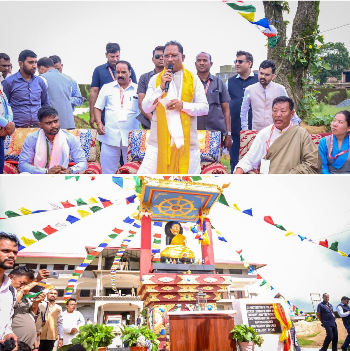 "मुख्यमंत्री विष्णु देव साय मैनपाट में भगवान बुद्ध की प्रतिमा का अनावरण करते हुए। पृष्ठभूमि में तिब्बती बौद्ध मंदिर, हरे-भरे पहाड़ और शांति का दृश्य।"